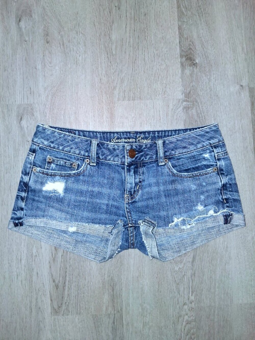 Y2k American Eagle Low Rise Super Short Jean Shorts Size 4 Distressed Denim